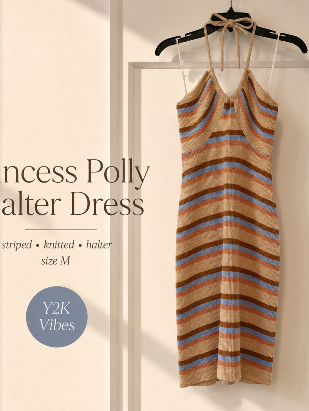 Source Unknown Beige, Brown & Blue Striped Halter Midi Dress